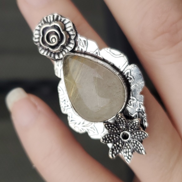 New Golden Rutile Carved 925 Silver Ring. - Picture 10 of 16